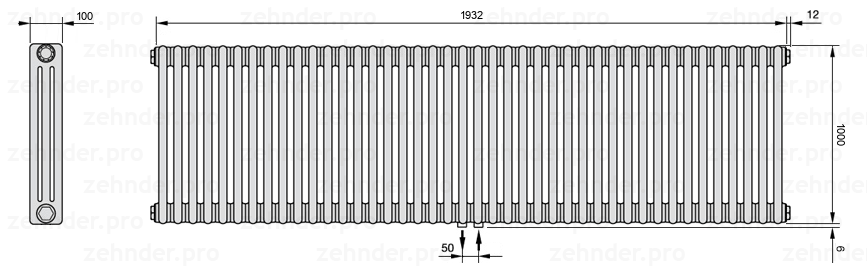 Схема (чертеж) Радиатор Zehnder Charleston 3100/42 №5410 Белый глянцевый RAL 9016
